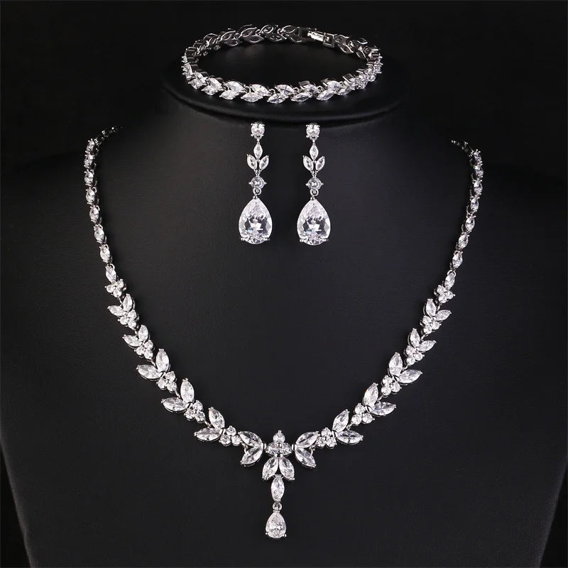 ZAKOL Luxury Brilliant Zirconia Leaf Necklace Earrings Rings Bracelets Set for Women CZ Drop Bridal Wedding Jewelry Sets