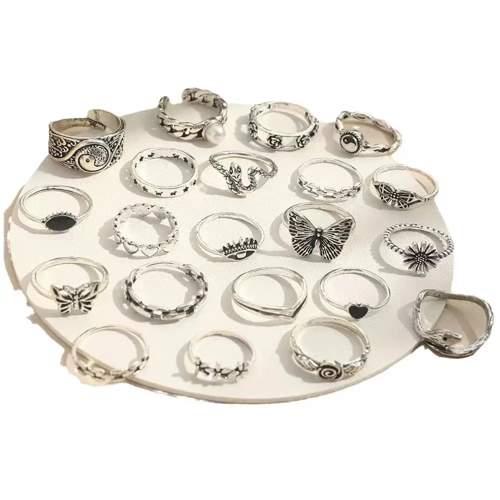 21PCS Cross-border New Punk-Style Butterfly Heart And Tai Chi design Multi-Element Snake Ring SSuits For Men And Women