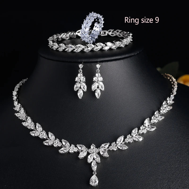ZAKOL Luxury Brilliant Zirconia Leaf Necklace Earrings Rings Bracelets Set for Women CZ Drop Bridal Wedding Jewelry Sets