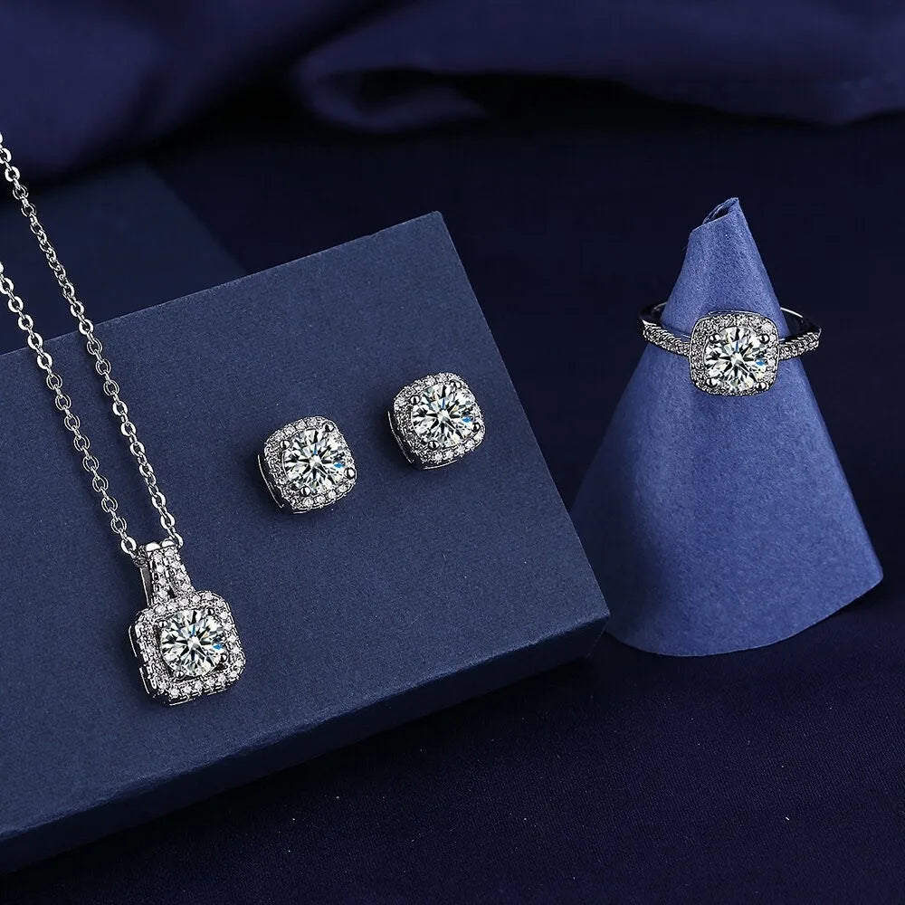 3pcs Suit Necklaces Simulated Flash Mosang Diamond Earring Women's Pendant Ornaments