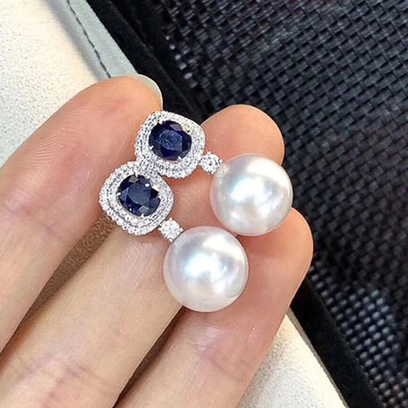Huitan Gorgeous Blue Cubic Zirconia Imitation Pearl Earrings Women for Engagement Wedding Party Temperament Elegant Ear Jewelry