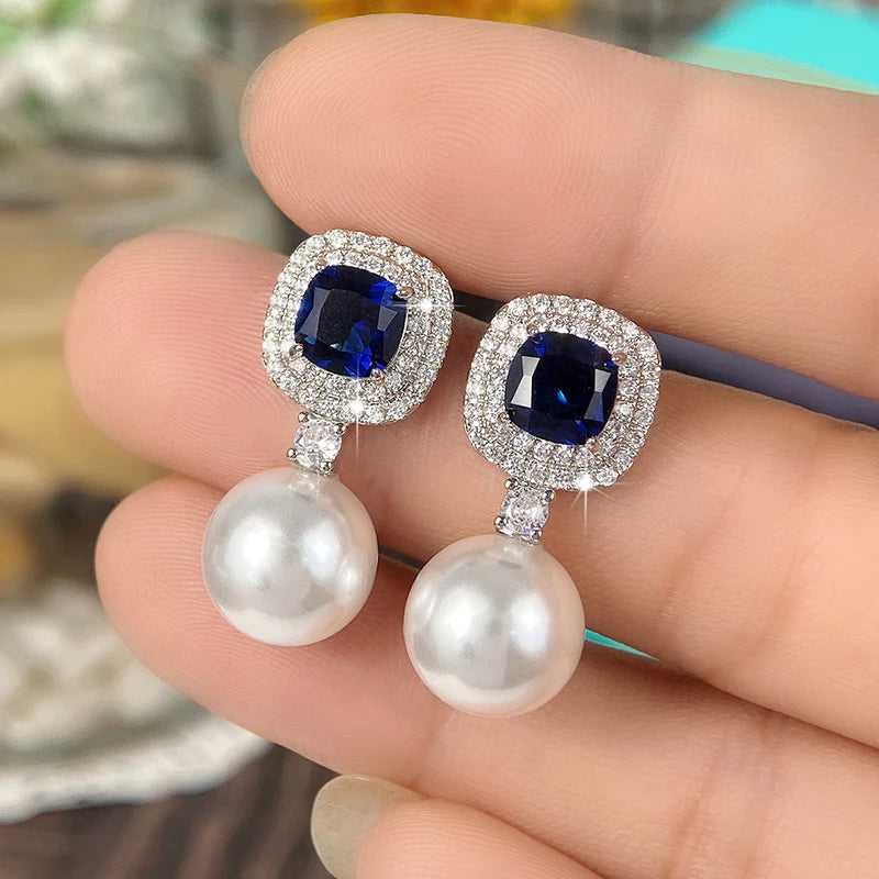 Huitan Gorgeous Blue Cubic Zirconia Imitation Pearl Earrings Women for Engagement Wedding Party Temperament Elegant Ear Jewelry