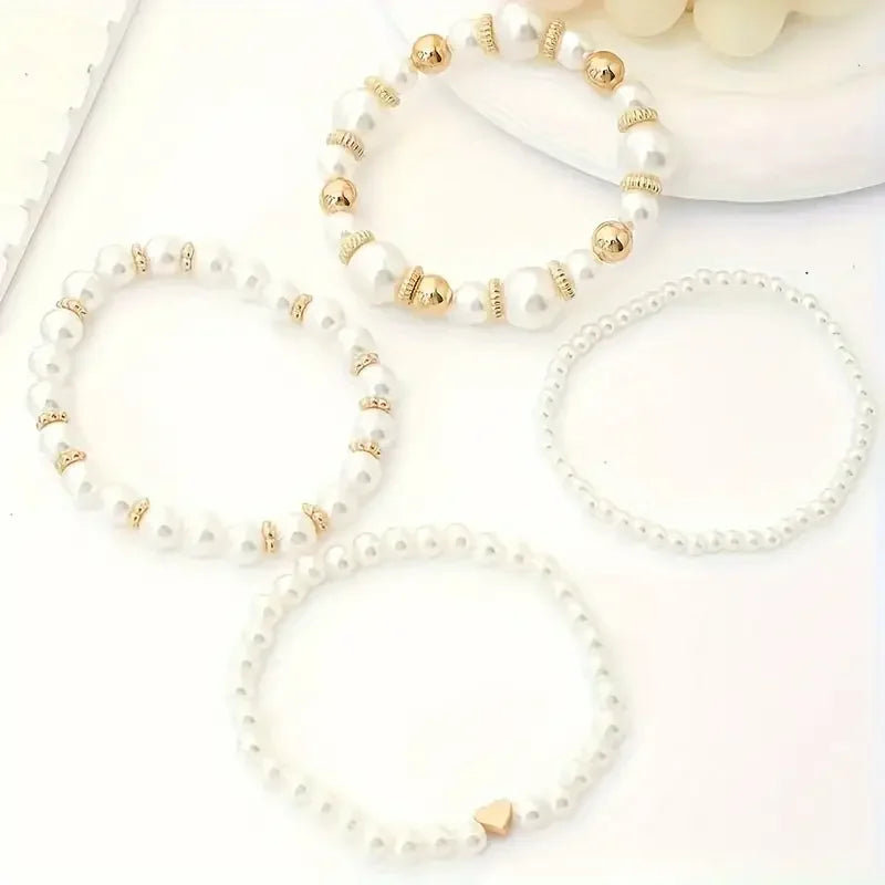 New 4 Pcs/Set imitation Pearl Beaded Bracelets Set for Women Fashion Gold Color Heart Big Pearl Bracelet Trendy Jewelry Gifts
