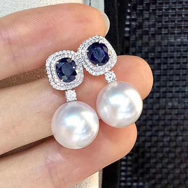Huitan Gorgeous Blue Cubic Zirconia Imitation Pearl Earrings Women for Engagement Wedding Party Temperament Elegant Ear Jewelry