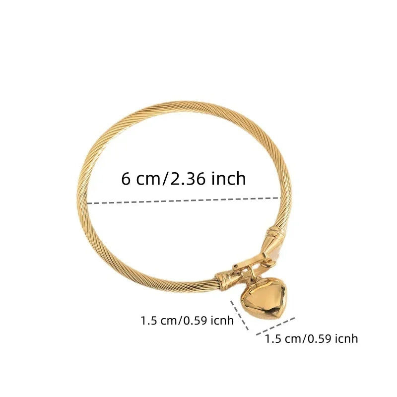 18k Gold Color Stainless Steel Heart Pendant Charm Bangle Bracelets for Men Women