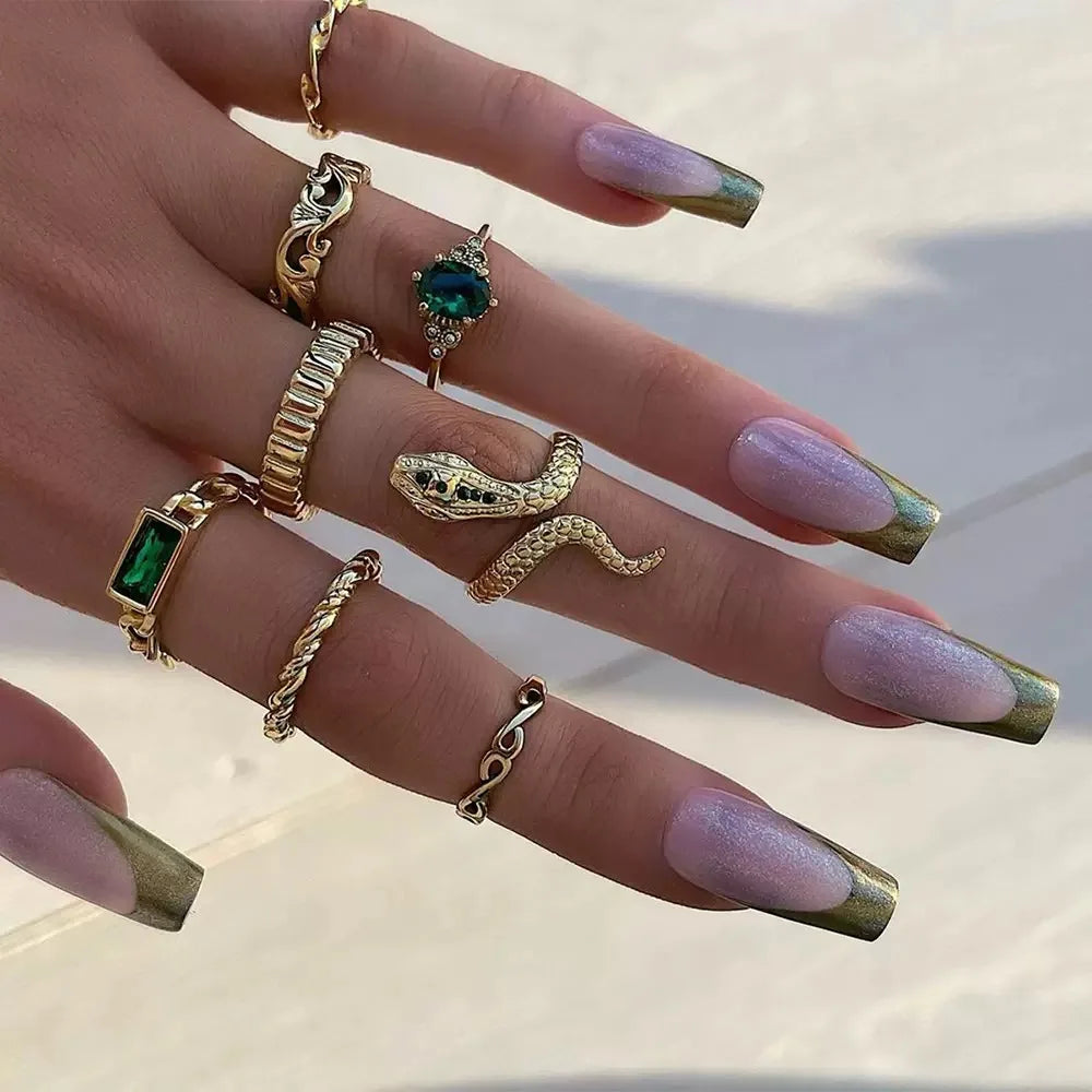 8PCSSet Of Fashionable And Retro Imitation Gemstone Snake-Shaped Twisted Rings For Women, Retro Wave Geometric Inlaid Rhinestone