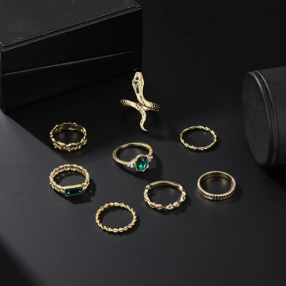 8PCSSet Of Fashionable And Retro Imitation Gemstone Snake-Shaped Twisted Rings For Women, Retro Wave Geometric Inlaid Rhinestone