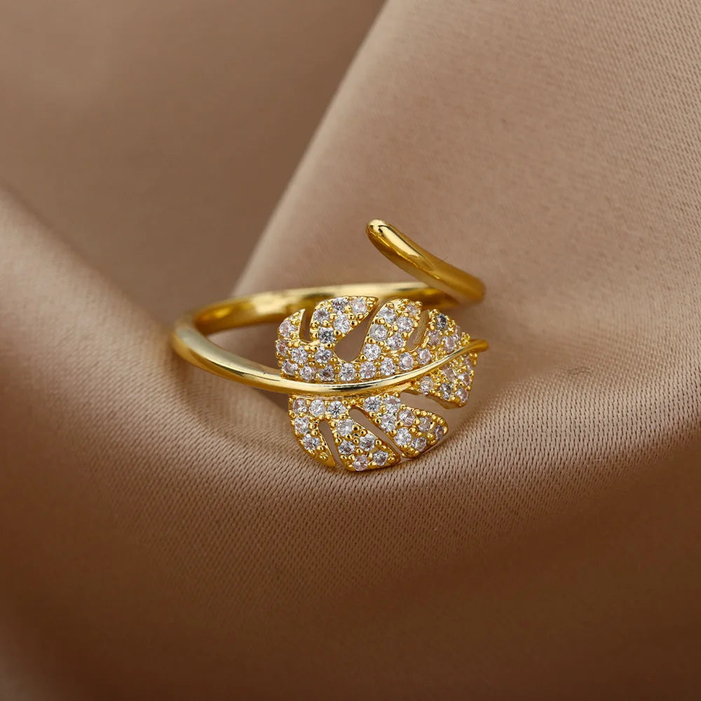 Fashion Palm Leaf Shape Open Rings For Women Gold Color Zircon Adjustable Finger Ring Girls Korean Party Jewelry Gift