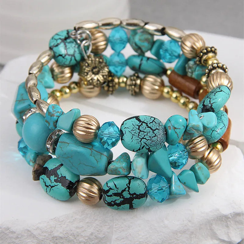 Fashion Bohemia Style Ethnic Turquoise Color Multilayer Bangles For Women BIjoux Vintage Handmade Beaded Bracelet Jewelry Gift
