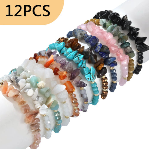 12 piece irregular natural stone woven stretchable bracelet set suitable for daily wear