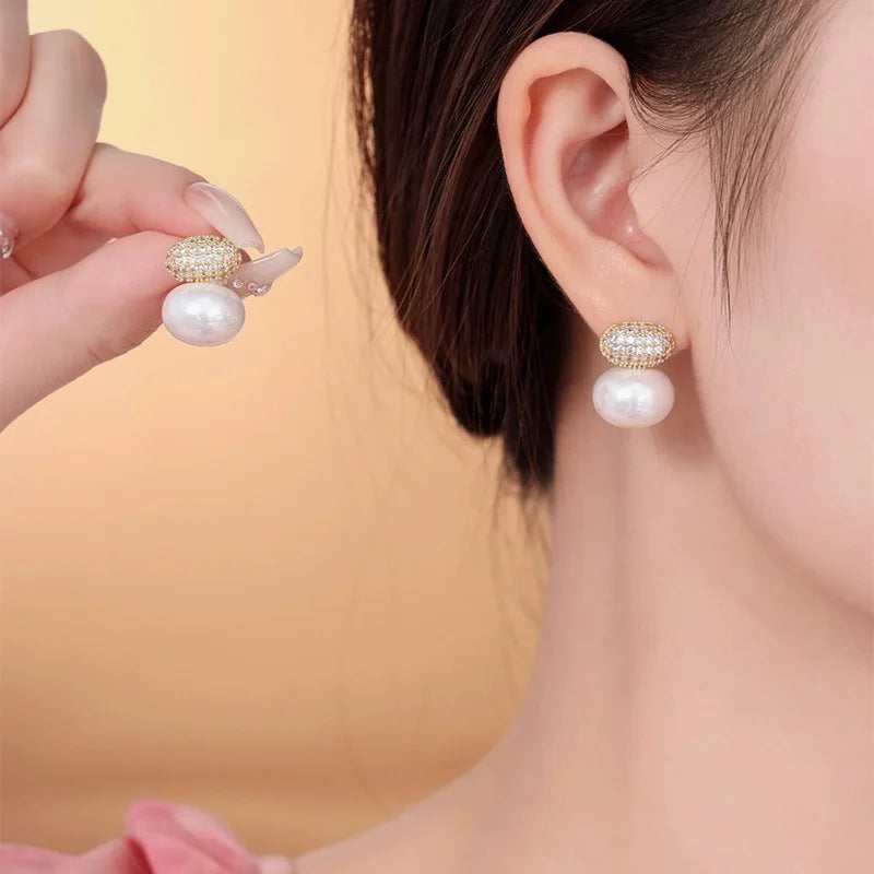 UILZ Fashion Oval Imitation Pearl Stud Earrings for Women Geometric Cubic Zirconia Elegant Bridal Earring Wedding Jewelry
