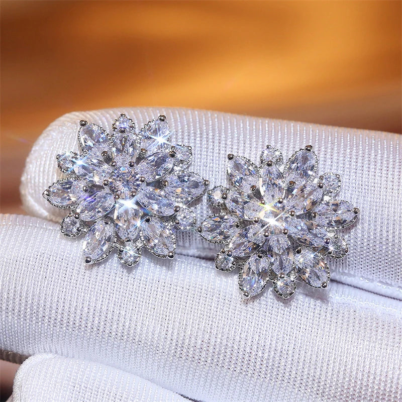 Huitan Eternity Cubic Zirconia Flower Stud Earrings for Women High Quality Wedding Accessories Classic Versatile Female Jewelry