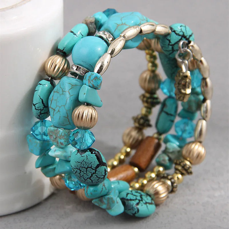 Fashion Bohemia Style Ethnic Turquoise Color Multilayer Bangles For Women BIjoux Vintage Handmade Beaded Bracelet Jewelry Gift